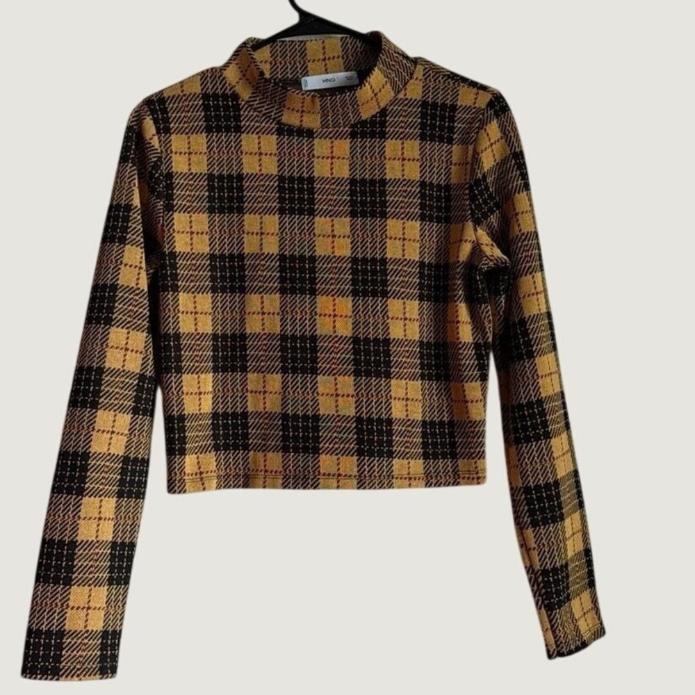 Mango MNG Yellow Black Plaid Mock Neck Long Sleeve Knit Crop Top Large - Picture 1 of 4